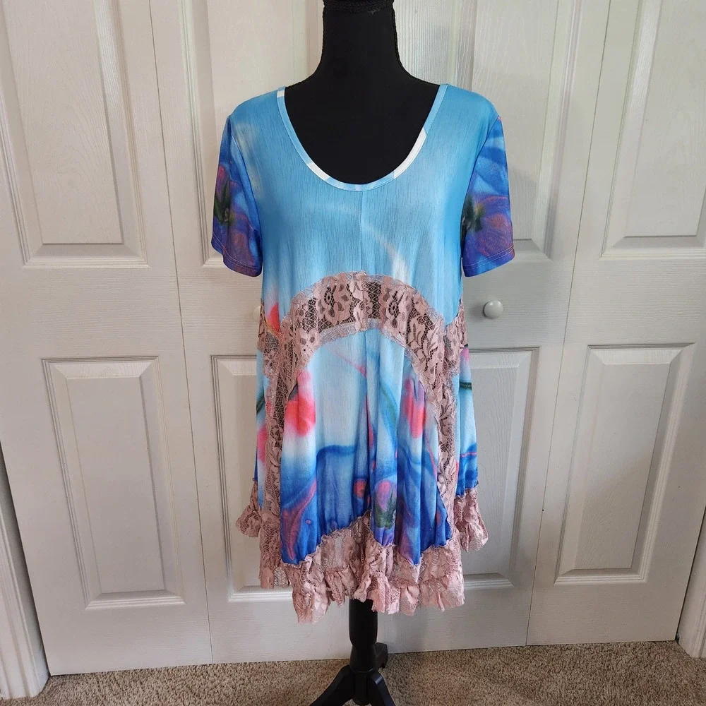 Simply Aster by Firmiana Blue Floral Lace Trim Boho Tunic Top Short Dress Medium - Picture 1 of 13
